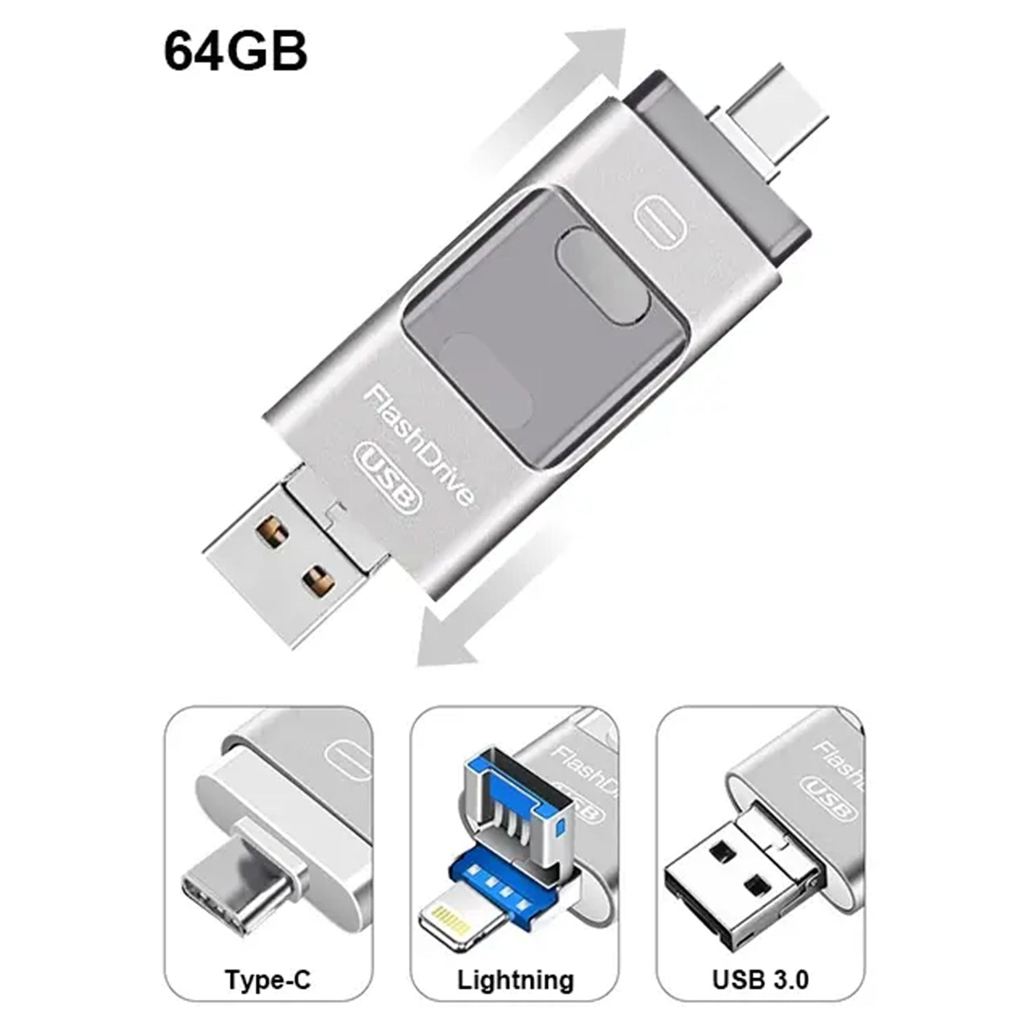 3 in1(Type C & Lightning & USB3.0) i Flash Drive for Apple iOS & Android & Computers (64GB)