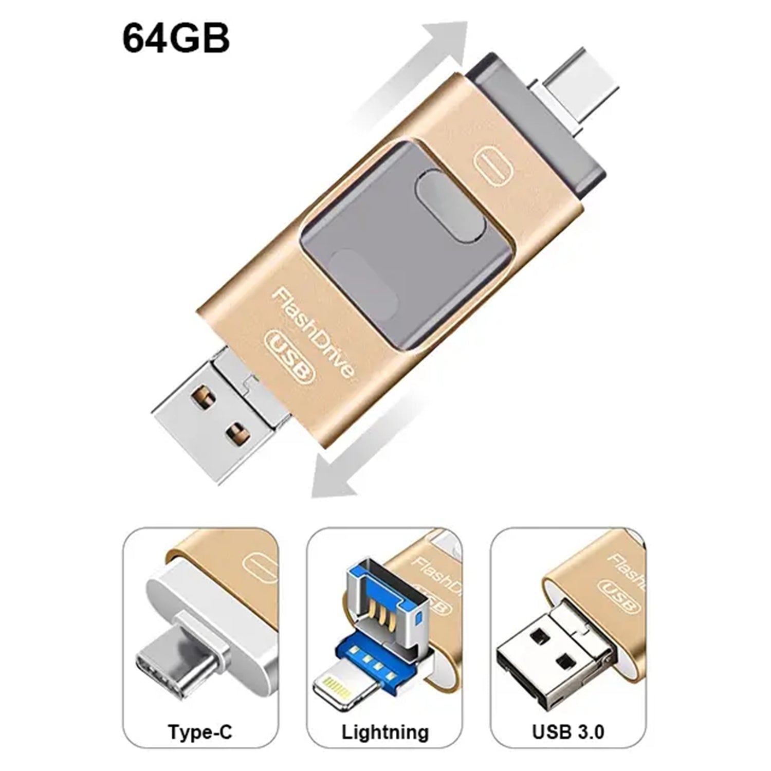 3 in1(Type C & Lightning & USB3.0) i Flash Drive for Apple iOS & Android & Computers (64GB)