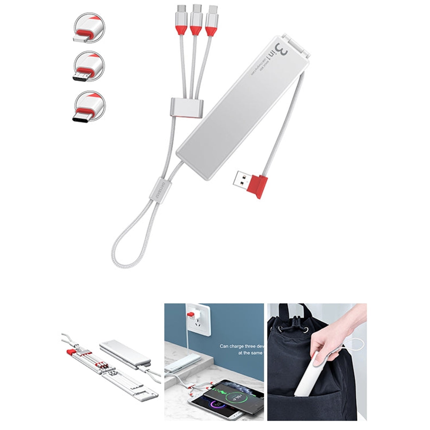 3 in 1  Fast charging small and exquisite  data cables-White