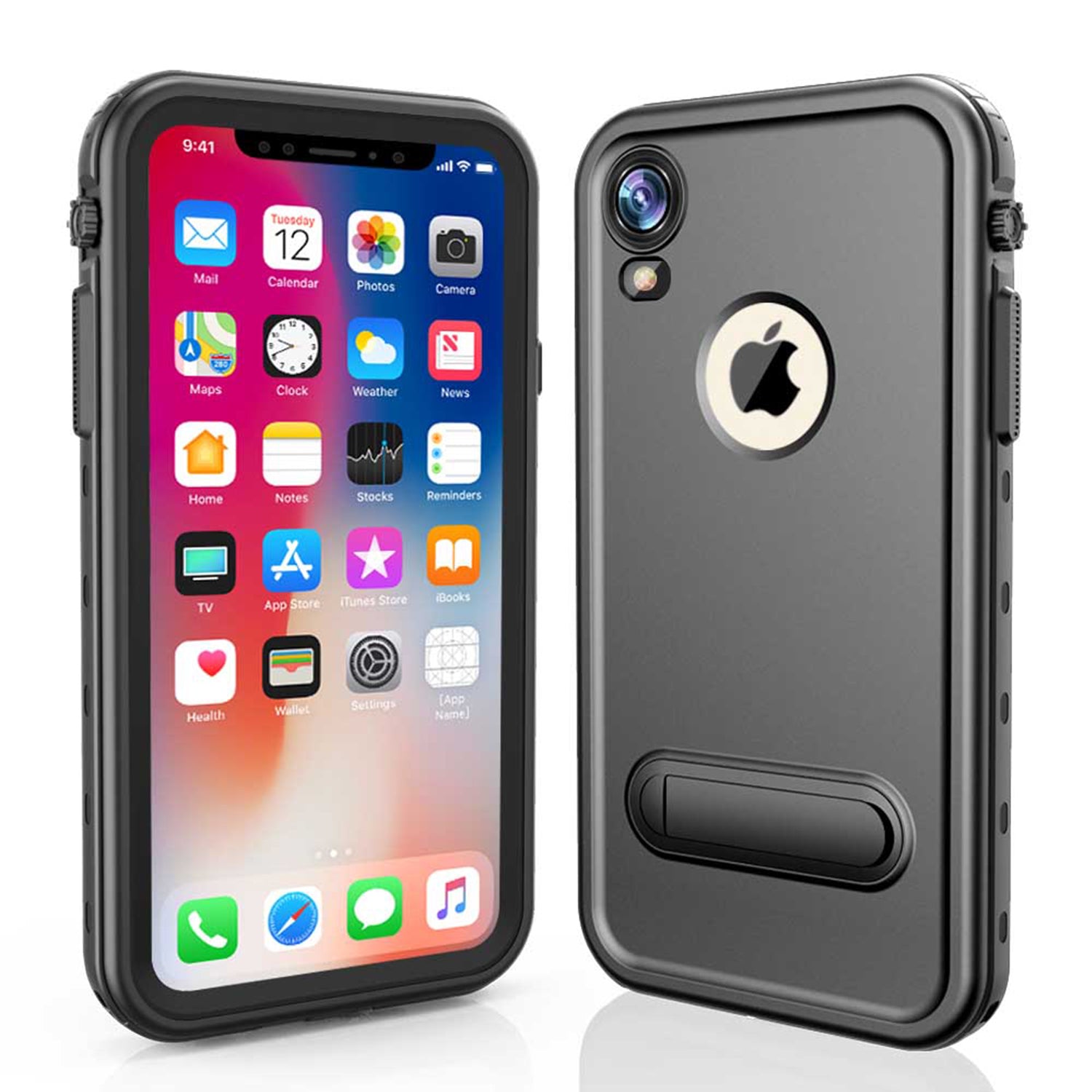 Apple iPhone XR (6.1") 360 Full Protective Waterproof Case with Built-in Screen Fingerprint Protector (Black)