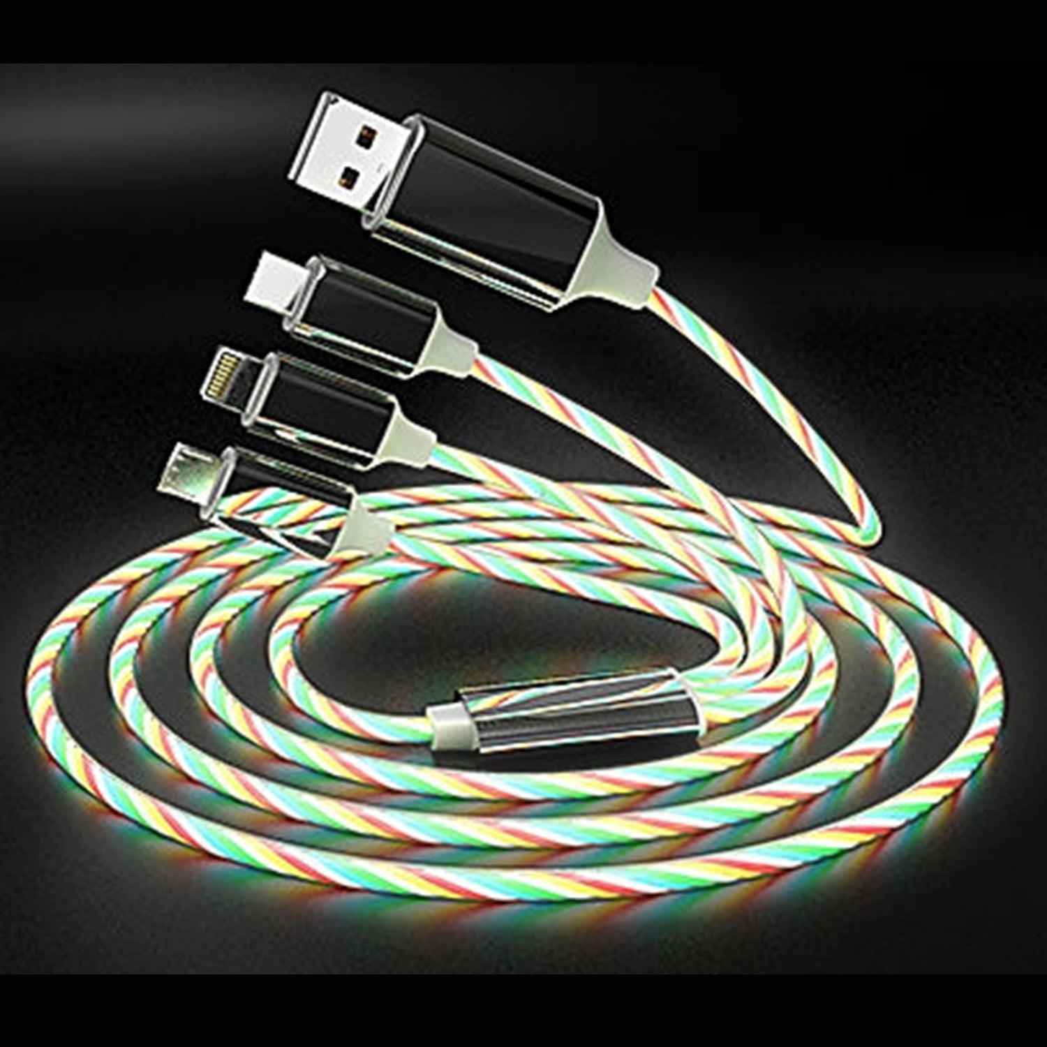 3in1 (Lightning& Type C& Micro) LED Flow Luminous Charging Cable for iPhone& Android Devices