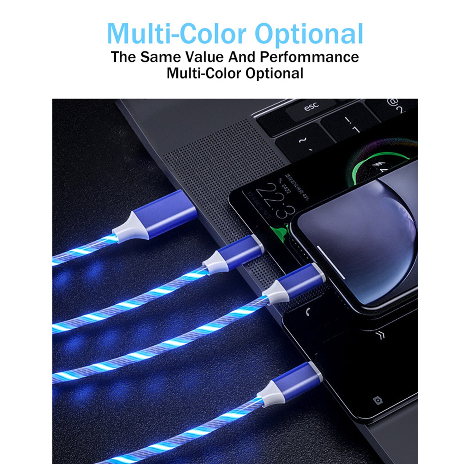 3in1 (Lightning& Type C& Micro) LED Flow Luminous Charging Cable for iPhone& Android Devices