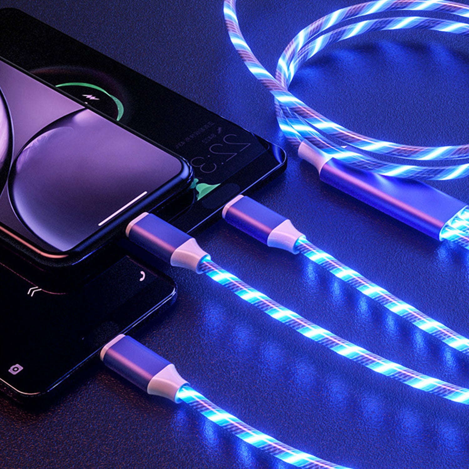 3in1 (Lightning& Type C& Micro) LED Flow Luminous Charging Cable for iPhone& Android Devices