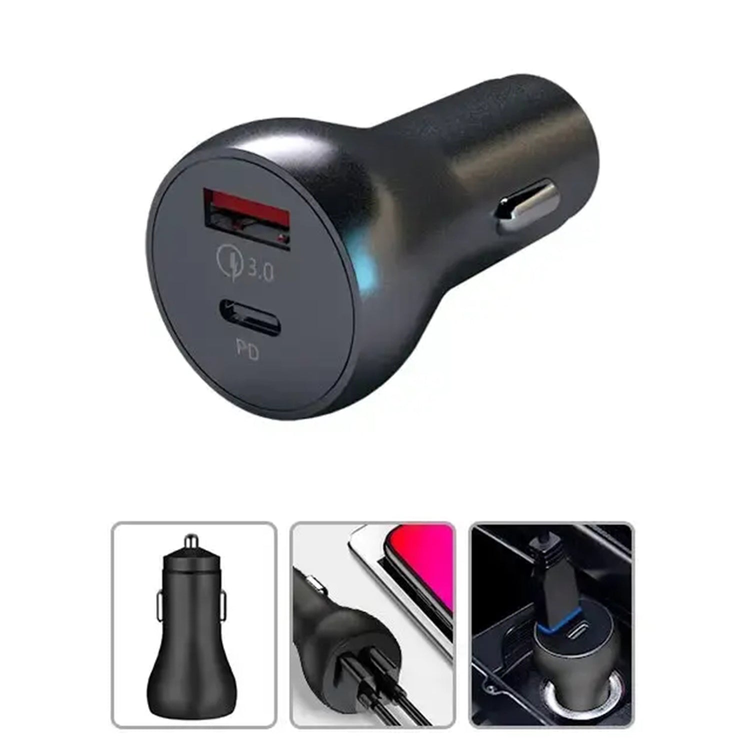 36W Dual Ports (USB3.0+ Type C)Car Adapter Dual Ports for iPhone 13/12/11 and Other Devices- Black