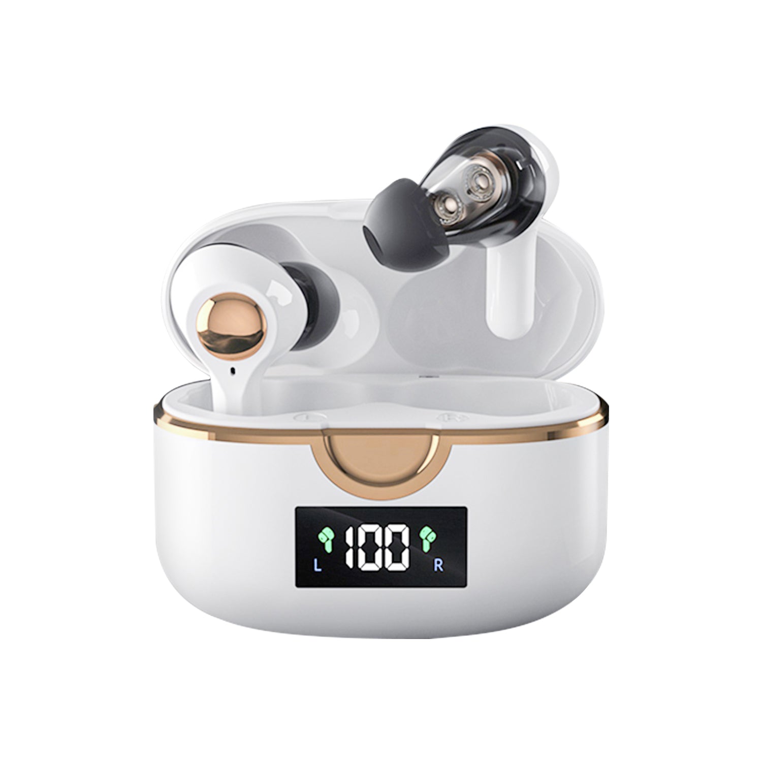 Four-speaker Bluetooth Airpods with dual-acting ring on display