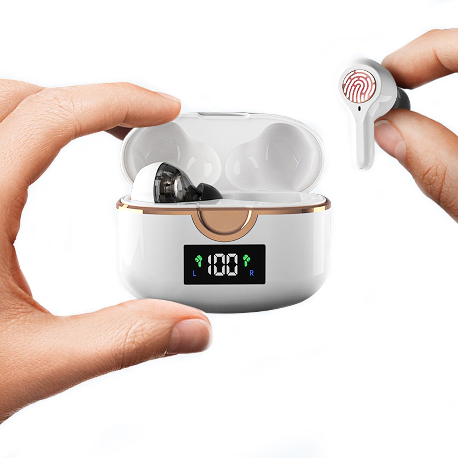 Four-speaker Bluetooth Airpods with dual-acting ring on display