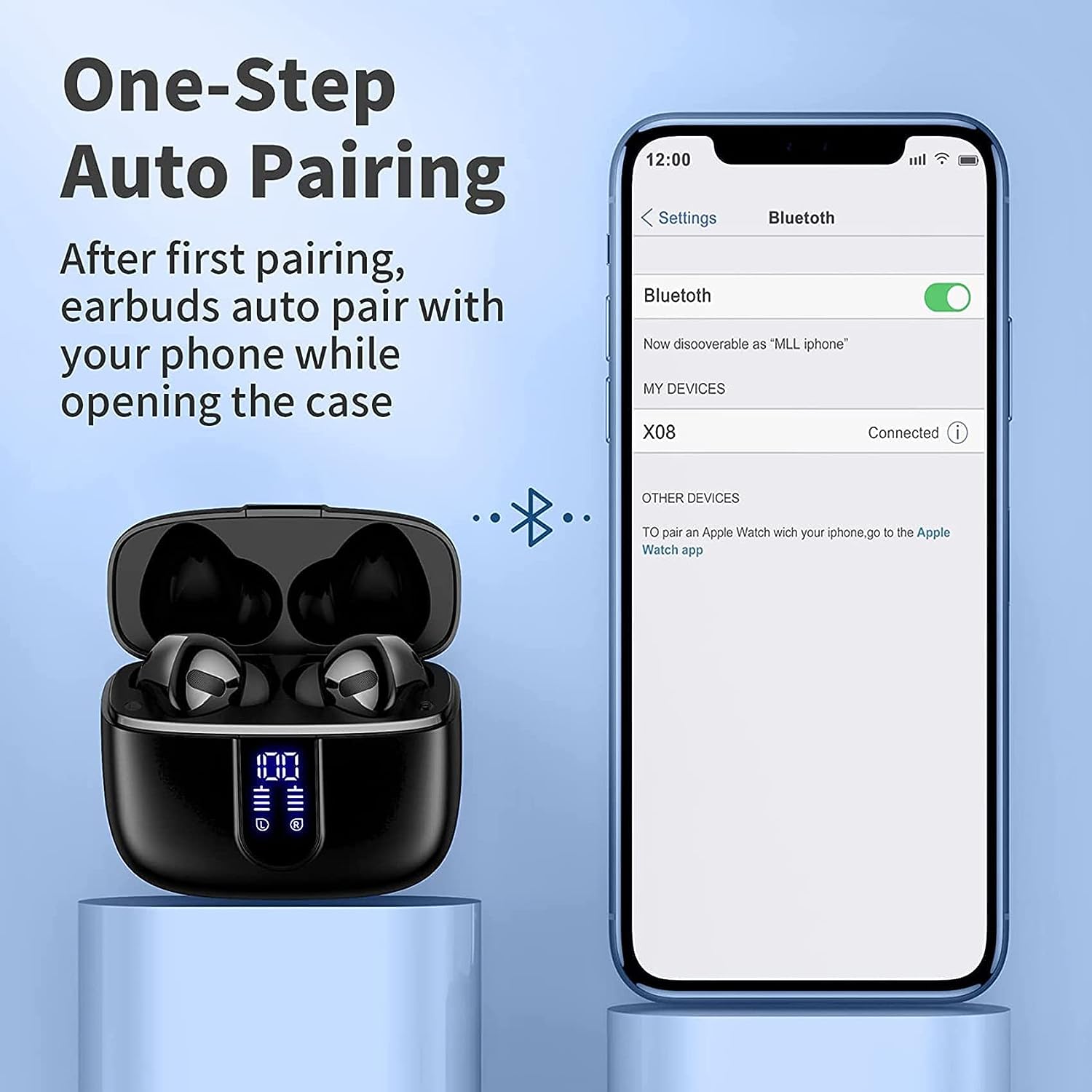 Bluetooth 5.3 Wireless Headphones, X08 Wireless Earbuds 40H Playtime with LED Power Display, IPX5 Waterproof Headphones with Touch Control for Sport/Work Earphones