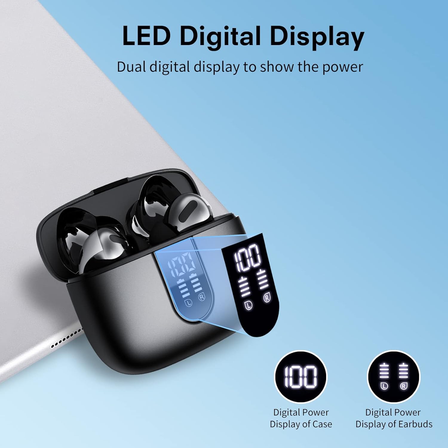 Bluetooth 5.3 Wireless Headphones, X08 Wireless Earbuds 40H Playtime with LED Power Display, IPX5 Waterproof Headphones with Touch Control for Sport/Work Earphones