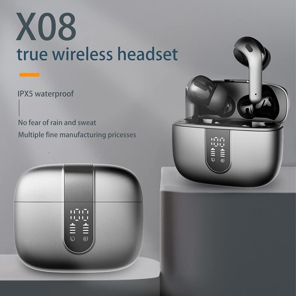 Bluetooth 5.3 Wireless Headphones, X08 Wireless Earbuds 40H Playtime with LED Power Display, IPX5 Waterproof Headphones with Touch Control for Sport/Work Earphones