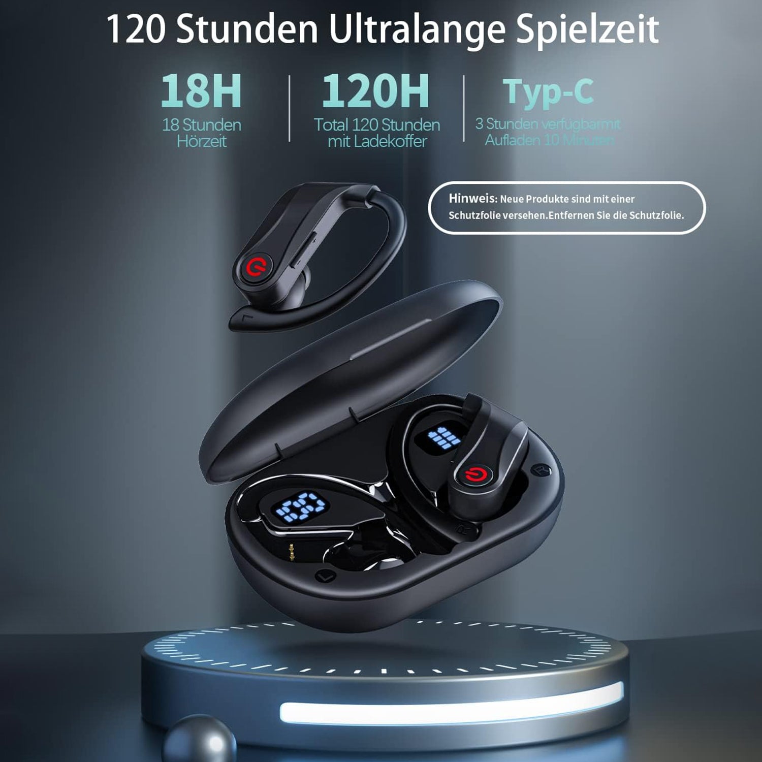 Long range wireless Bluetooth headset with Charged quantity display-Black