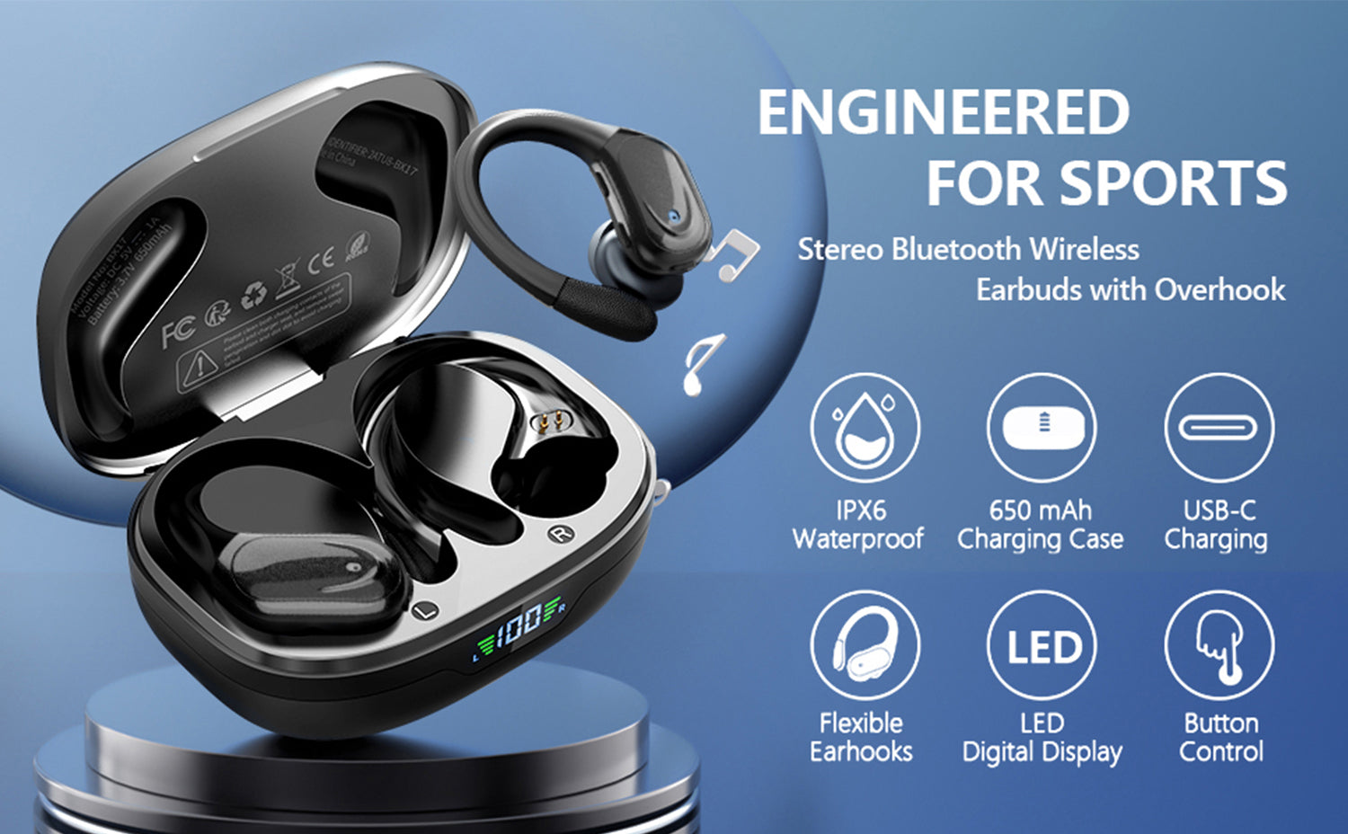 Wireless Bluetooth Headphones 8Hrs Playtime HD Stereo ,Audio Digital LED Display ,Over-Ear Earphones With Earhook Waterproof With Mic For Sport Running Workout Headphones