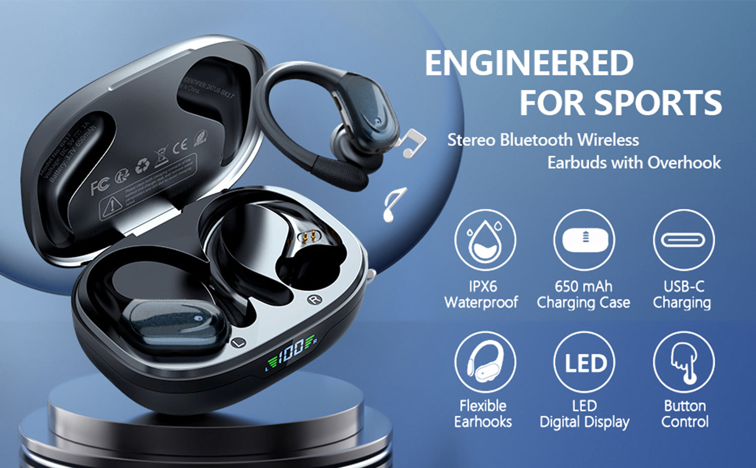 Wireless Bluetooth Headphones 8Hrs Playtime HD Stereo ,Audio Digital LED Display ,Over-Ear Earphones With Earhook Waterproof With Mic For Sport Running Workout Headphones