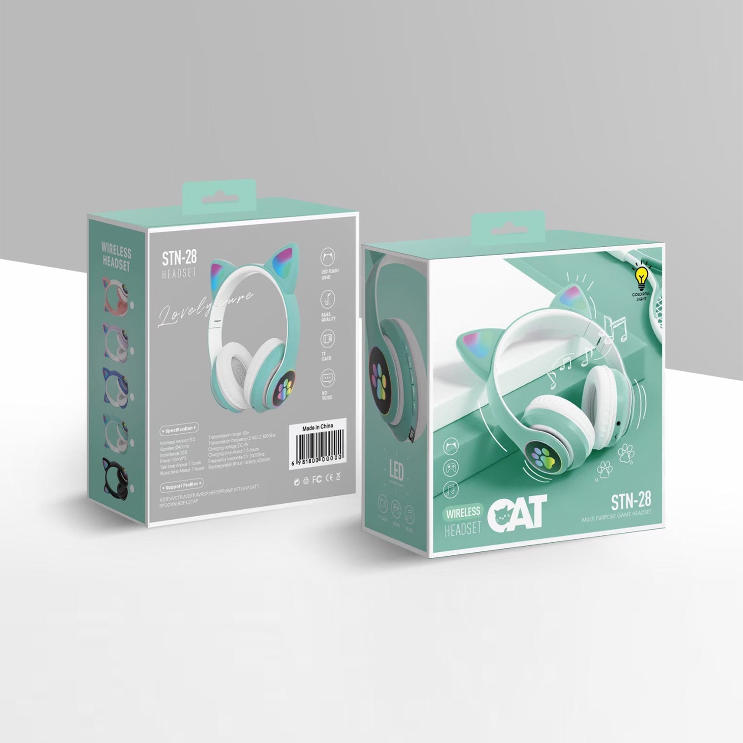 Headset wireless Bluetooth cat ear headset LED luminous plug-in card folding e-sports game headset