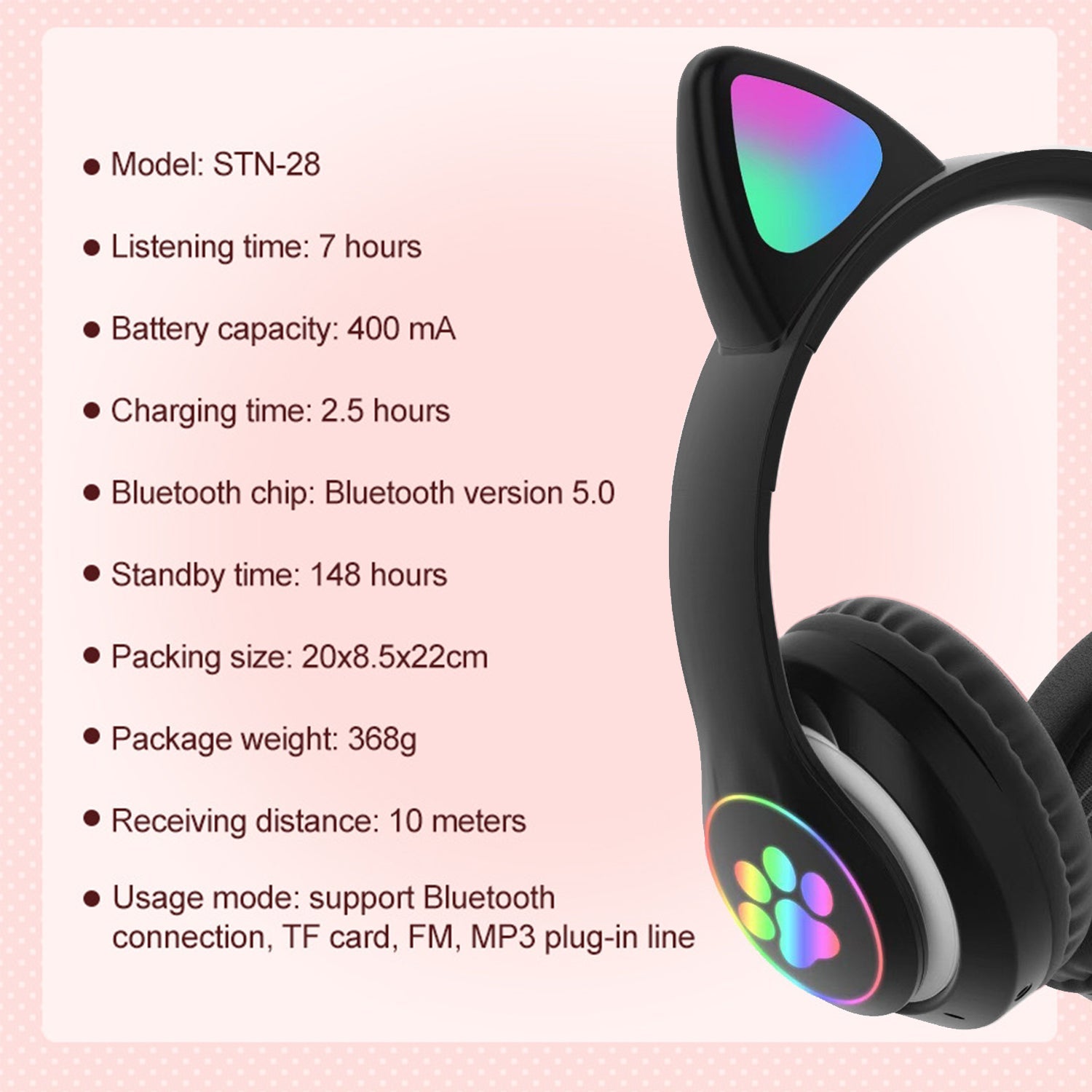Headset wireless Bluetooth cat ear headset LED luminous plug-in card folding e-sports game headset