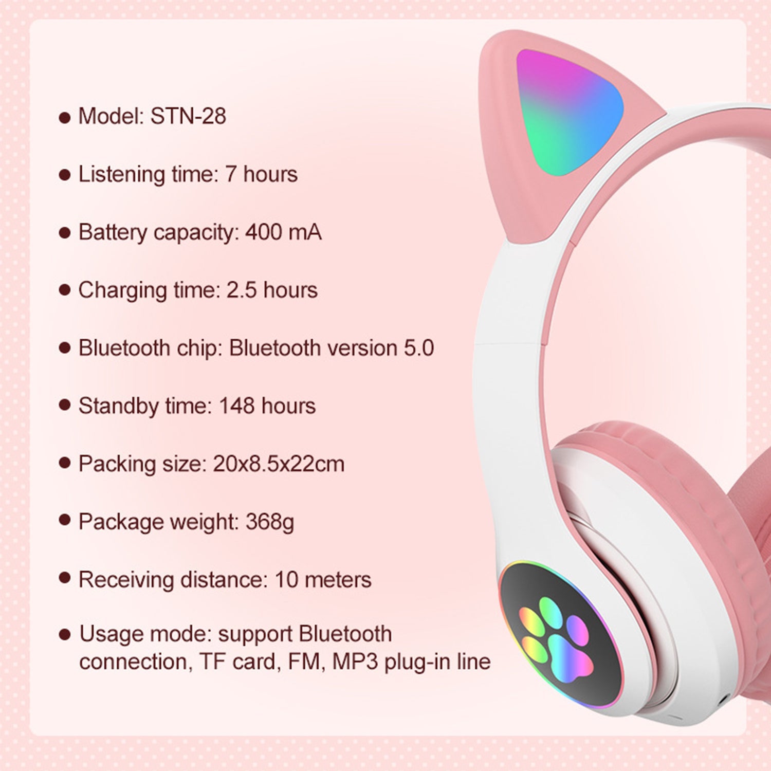 Headset wireless Bluetooth cat ear headset LED luminous plug-in card folding e-sports game headset