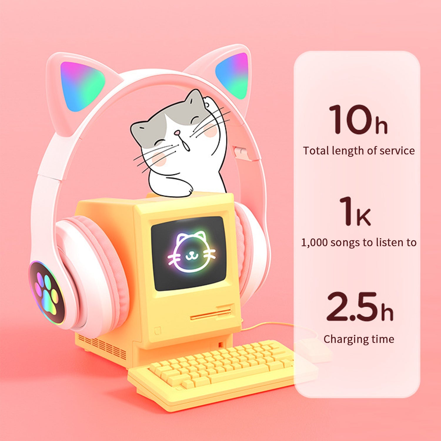 Headset wireless Bluetooth cat ear headset LED luminous plug-in card folding e-sports game headset