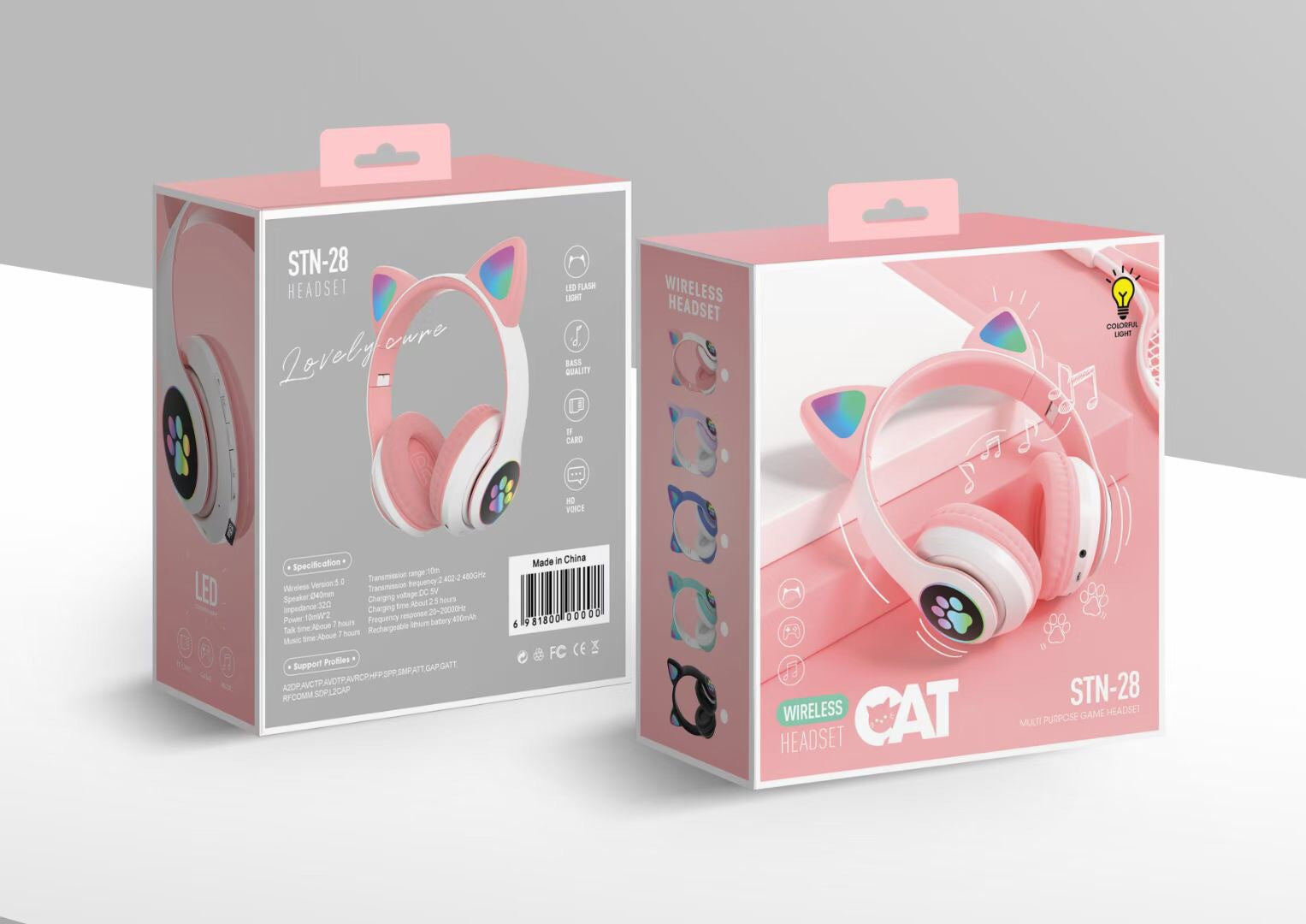 Headset wireless Bluetooth cat ear headset LED luminous plug-in card folding e-sports game headset