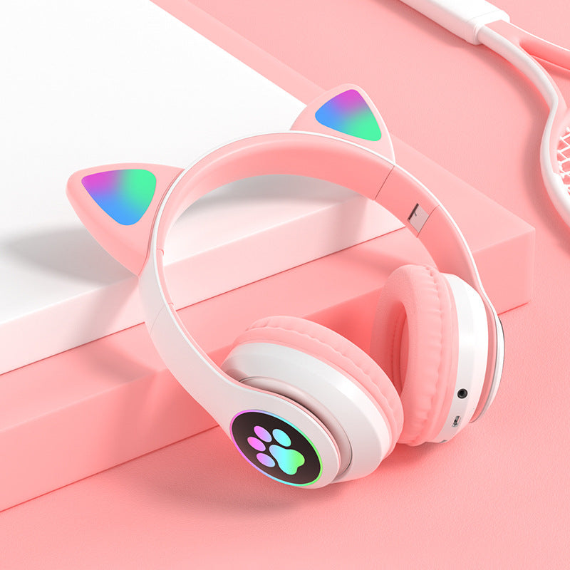 Headset wireless Bluetooth cat ear headset LED luminous plug-in card folding e-sports game headset
