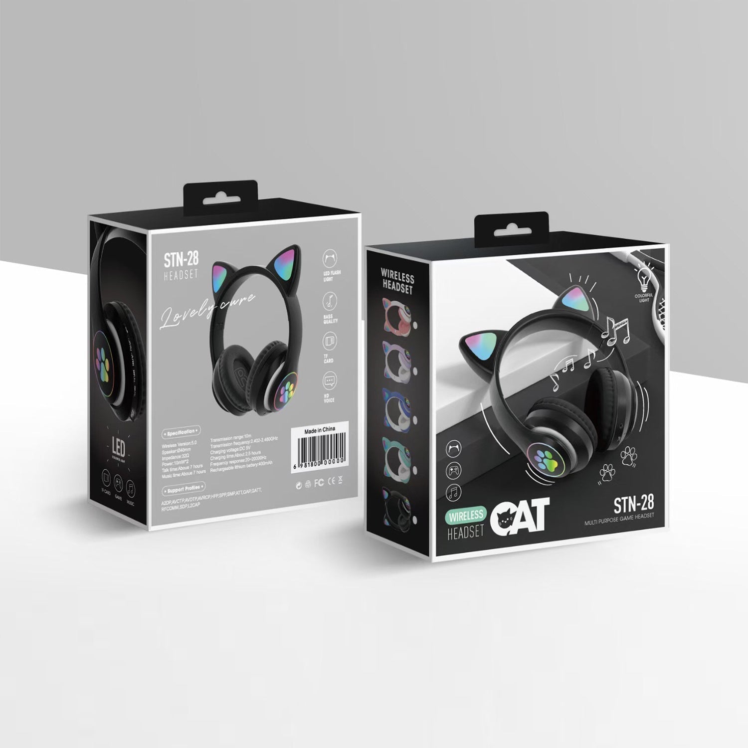 Headset wireless Bluetooth cat ear headset LED luminous plug-in card folding e-sports game headset