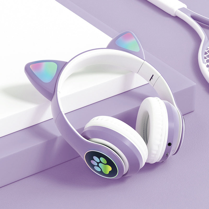 Headset wireless Bluetooth cat ear headset LED luminous plug-in card folding e-sports game headset