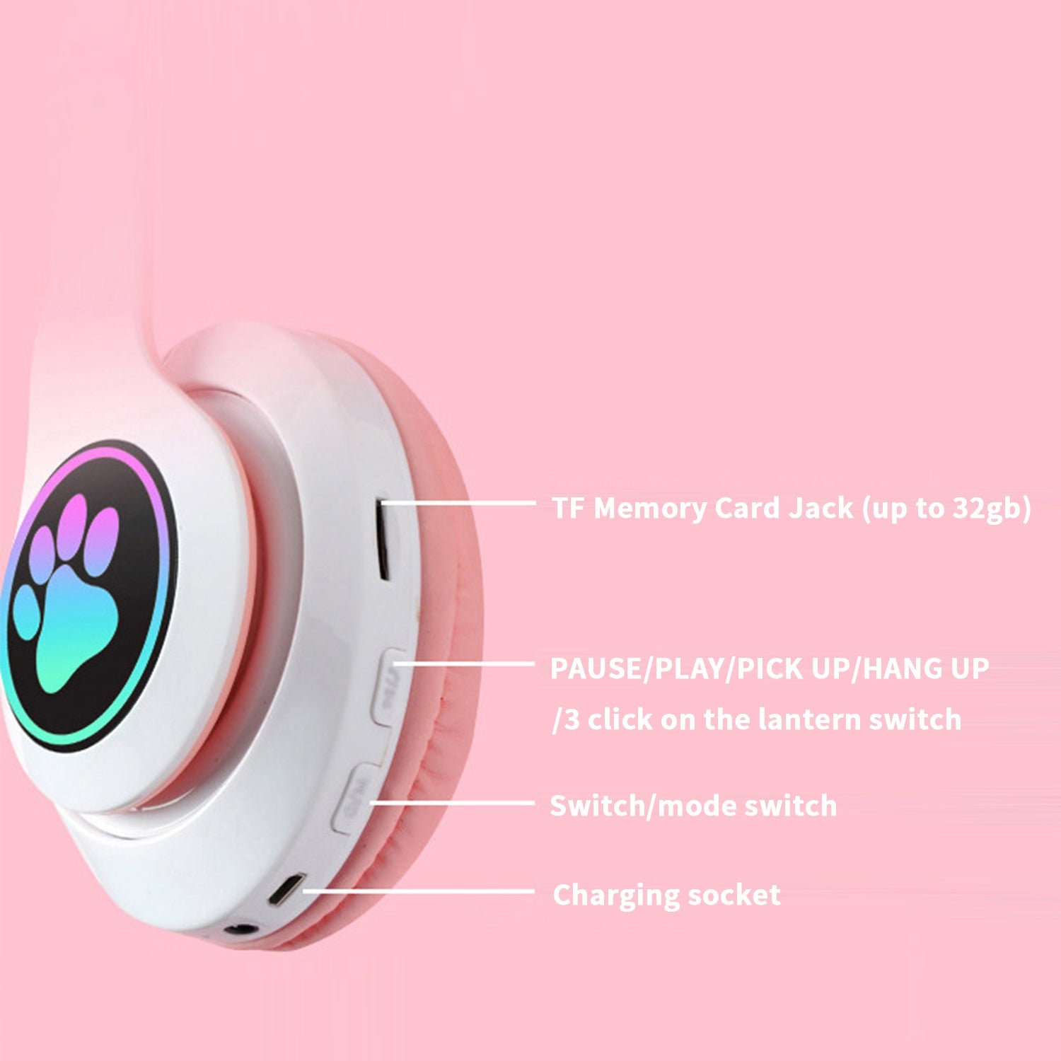 Headset wireless Bluetooth cat ear headset LED luminous plug-in card folding e-sports game headset