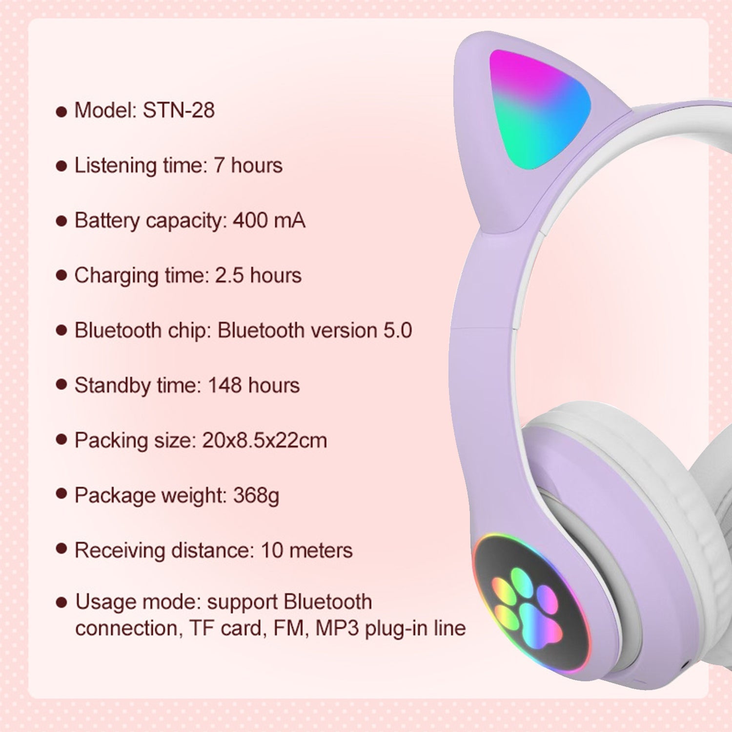 Headset wireless Bluetooth cat ear headset LED luminous plug-in card folding e-sports game headset