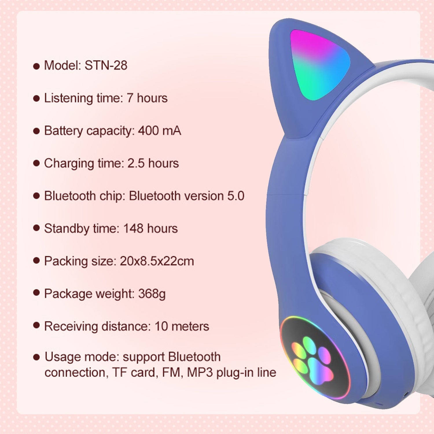 Headset wireless Bluetooth cat ear headset LED luminous plug-in card folding e-sports game headset