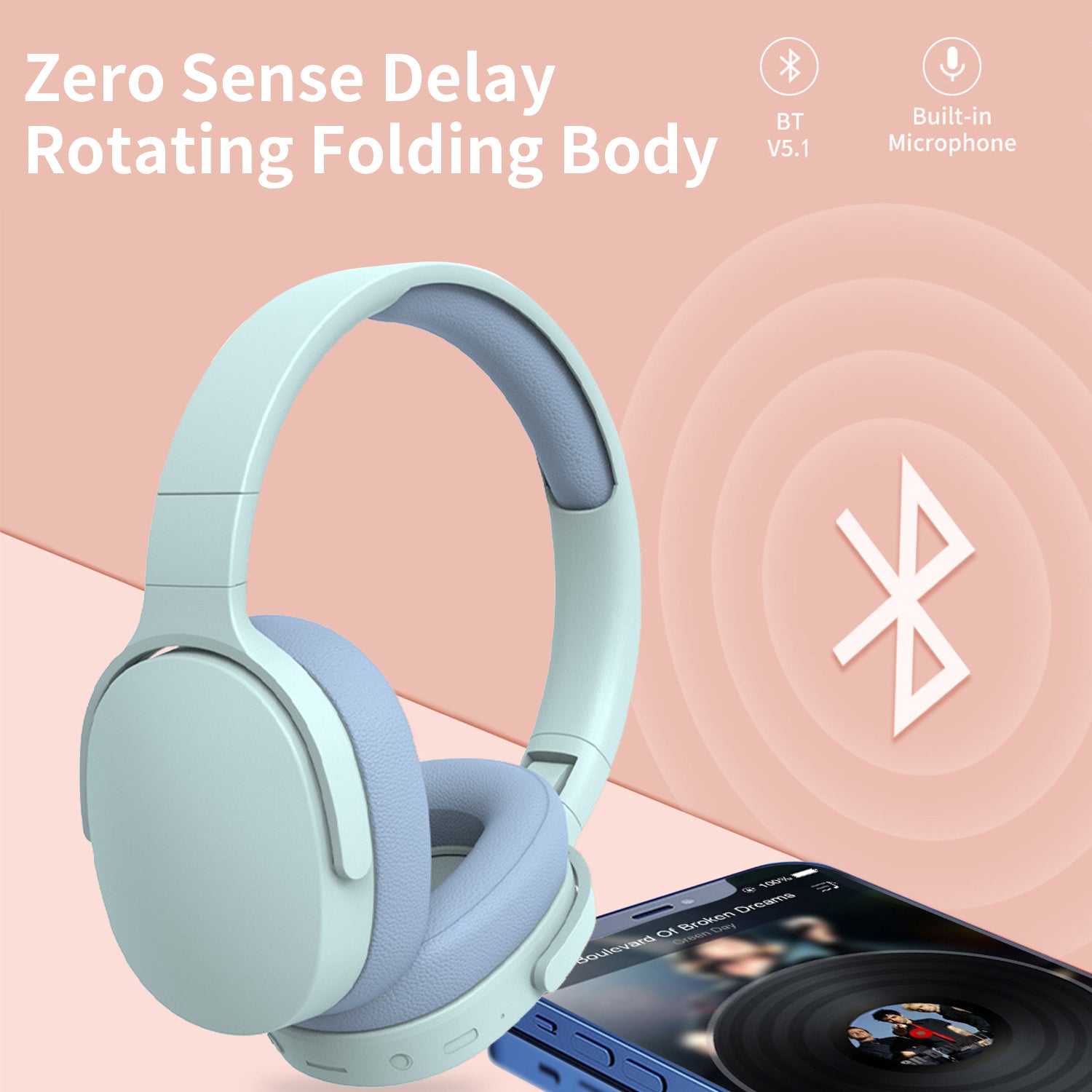 Wireless Headset Bluetooth Headphones with Intelligent Noise Reduction Bluetooth-Compatible Wireless with Microphone Foldable Sports Headset