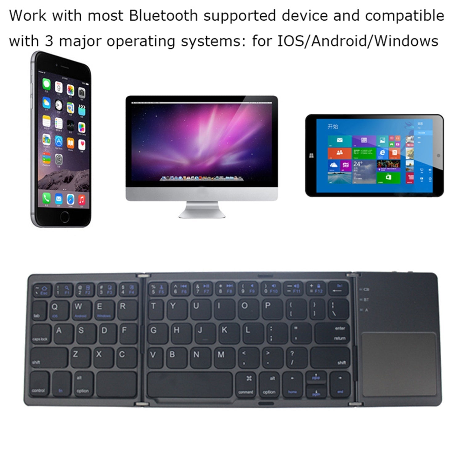Portable Folding Wireless keyboard Bluetooth Rechargeable BT Touchpad Keypad for IOS/Android/Windows ipad Tablet-Black
