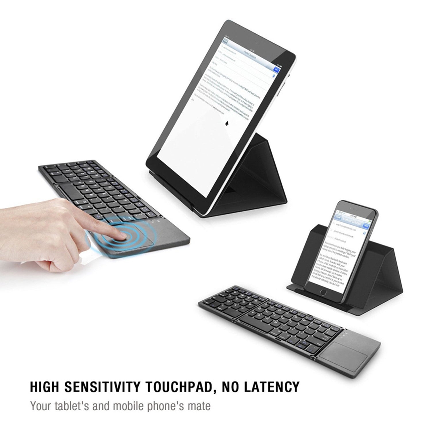 Portable Folding Wireless keyboard Bluetooth Rechargeable BT Touchpad Keypad for IOS/Android/Windows ipad Tablet-Black