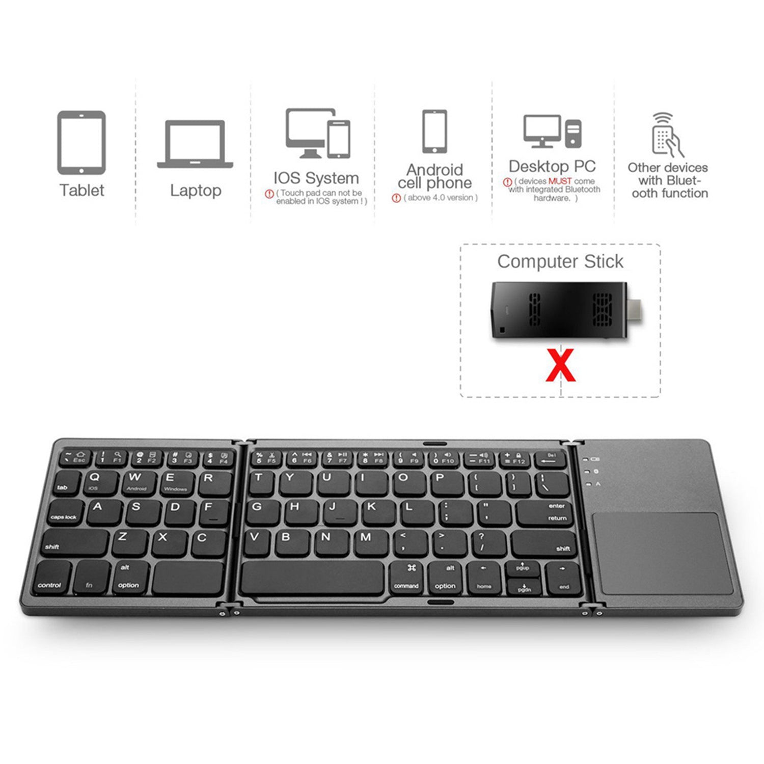 Portable Folding Wireless keyboard Bluetooth Rechargeable BT Touchpad Keypad for IOS/Android/Windows ipad Tablet-Black