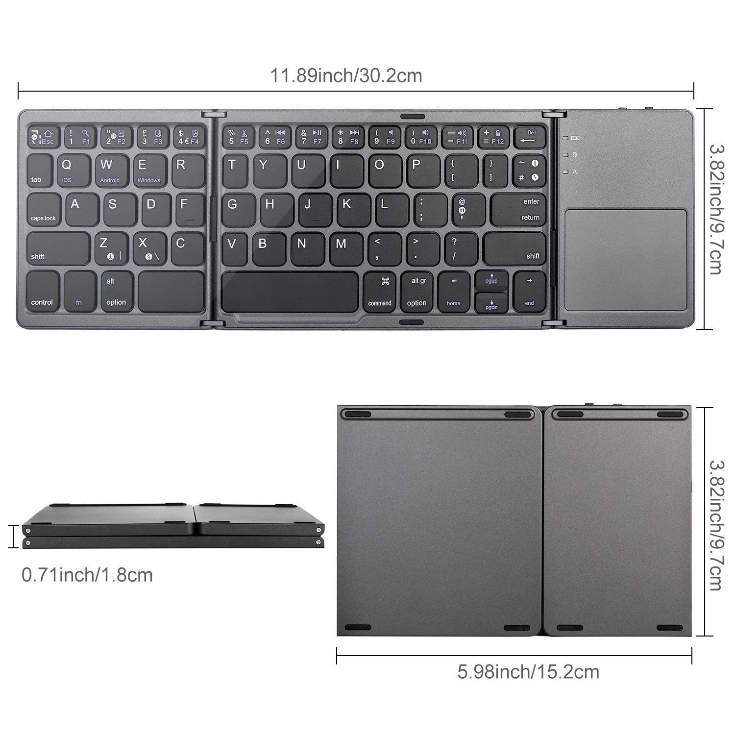 Portable Folding Wireless keyboard Bluetooth Rechargeable BT Touchpad Keypad for IOS/Android/Windows ipad Tablet-Black
