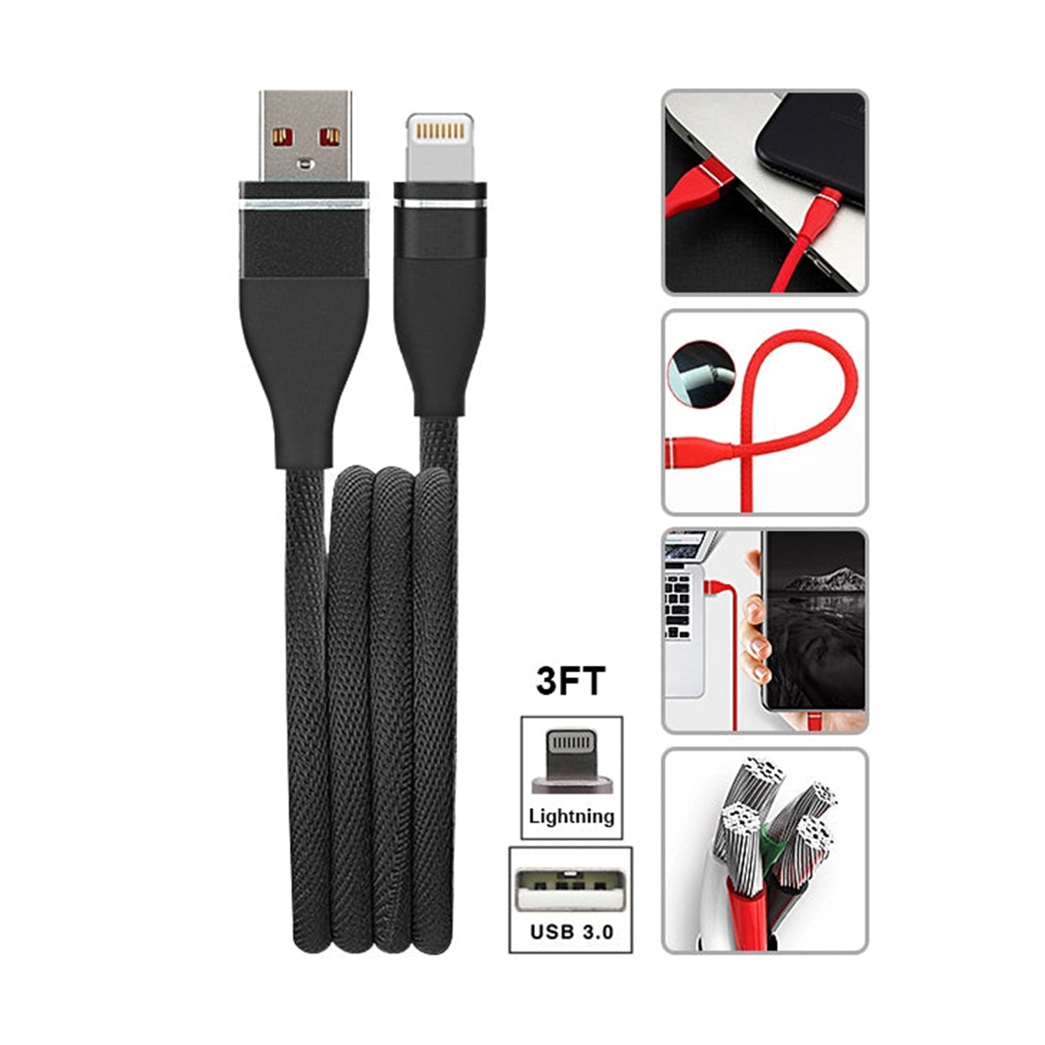 Fast Charge Tangle Free Rubberized Cable for iPhone14/13/12/ 11/11 Pro /11 Pro Max/ Xs Max/ X / XS/ 8 / 7  (3FT)