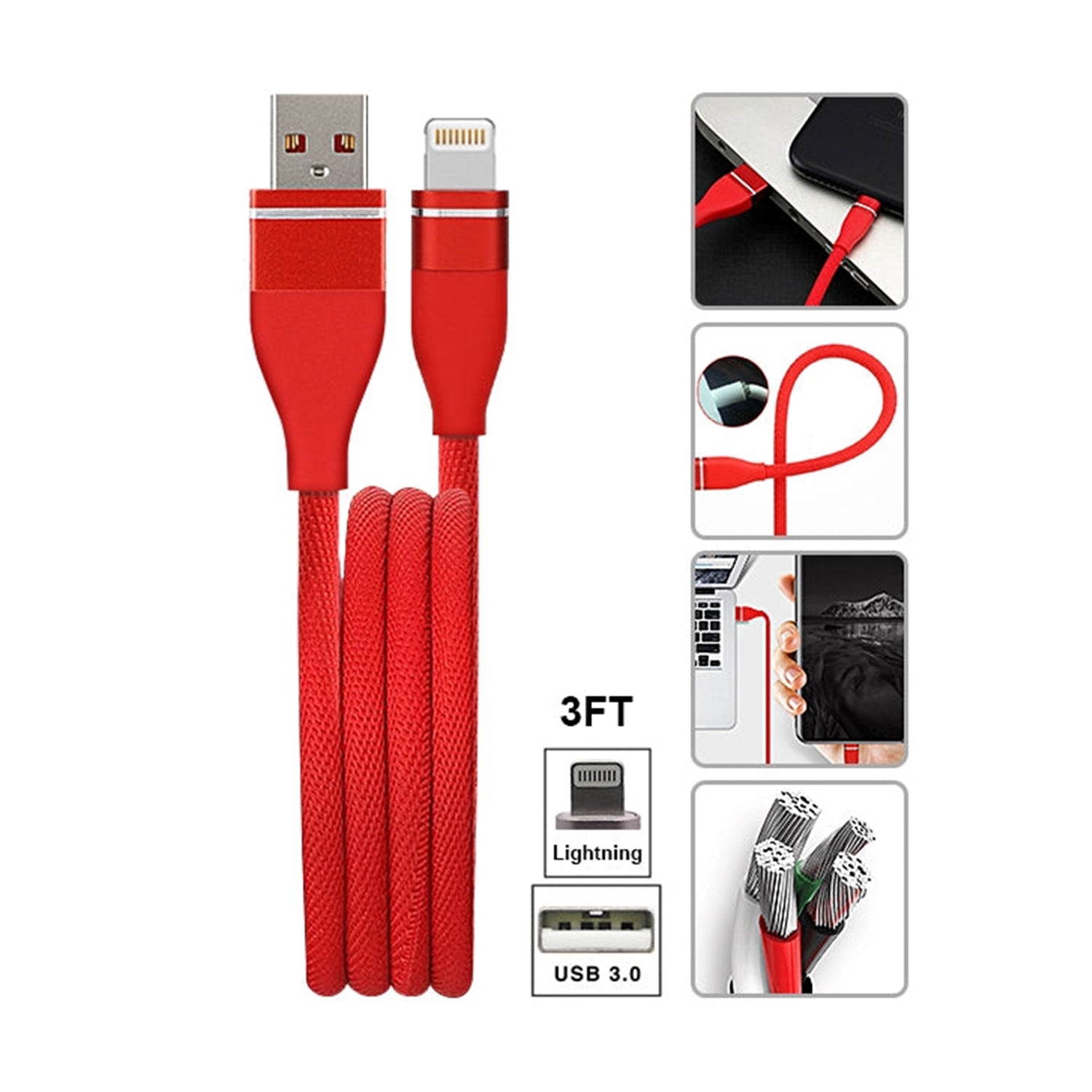 Fast Charge Tangle Free Rubberized Cable for iPhone14/13/12/ 11/11 Pro /11 Pro Max/ Xs Max/ X / XS/ 8 / 7  (3FT)