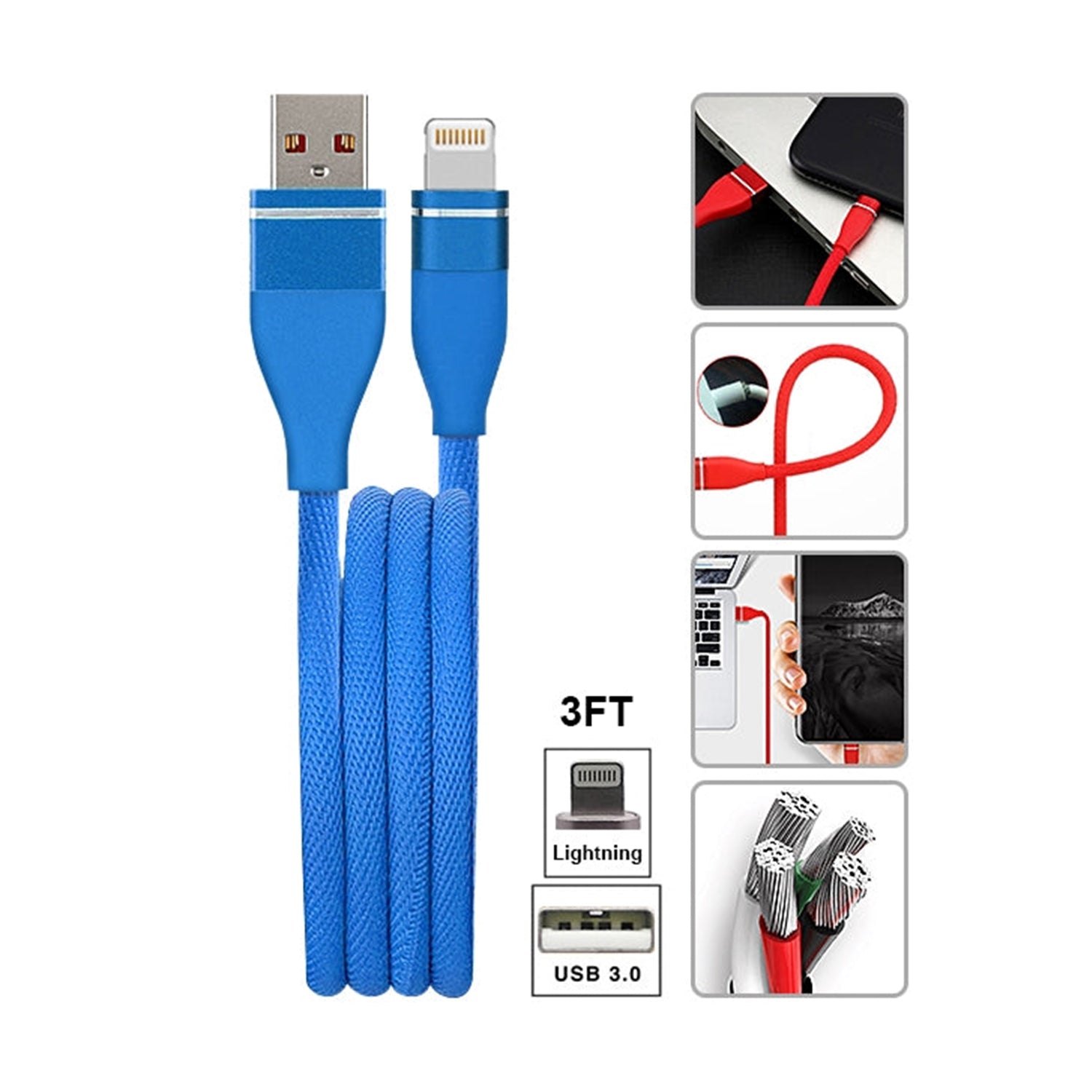 Fast Charge Tangle Free Rubberized Cable for iPhone14/13/12/ 11/11 Pro /11 Pro Max/ Xs Max/ X / XS/ 8 / 7  (3FT)