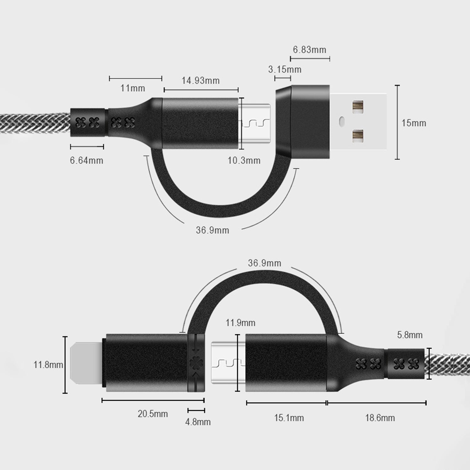 4 in 1 (Type-C/USB) to (Type-C/ Lightning) 65W fast charging cable-Black