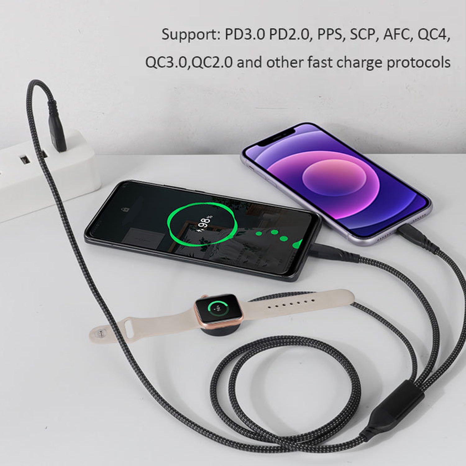 Multifunction USB Charger Cable, USB-C 2-in-3 Cable PD 100W For iPhone 15, Wireless Charger Cable For iWatch-Black