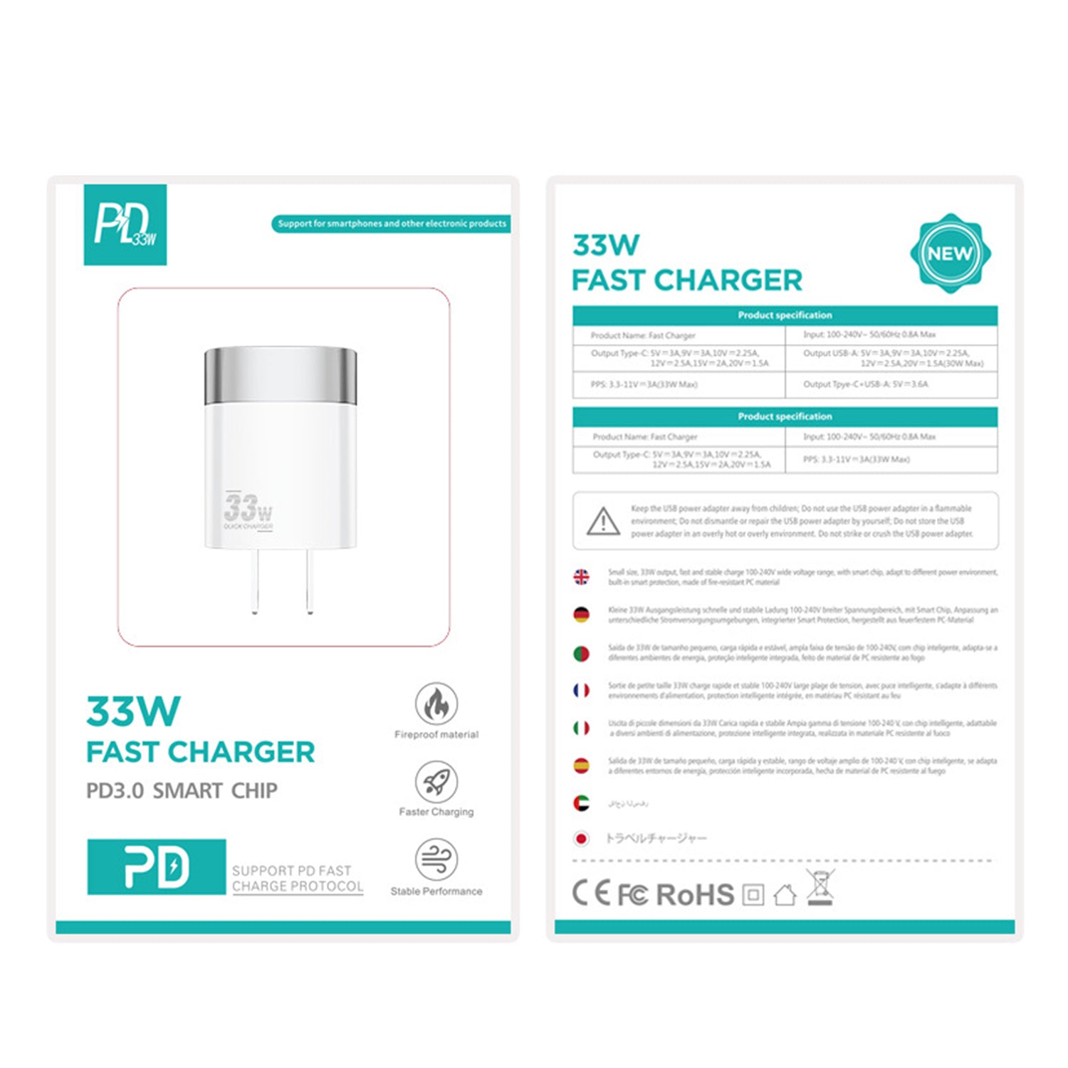 33W PD 2 port (Type-C+USB-A) is used for quick chargers