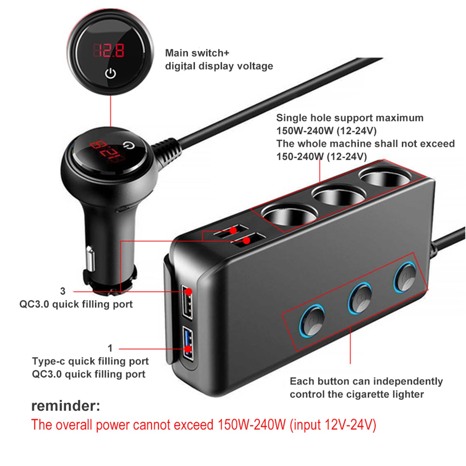 Voltage display function 3 in 1 4 USB cigarette car charger with quick charger