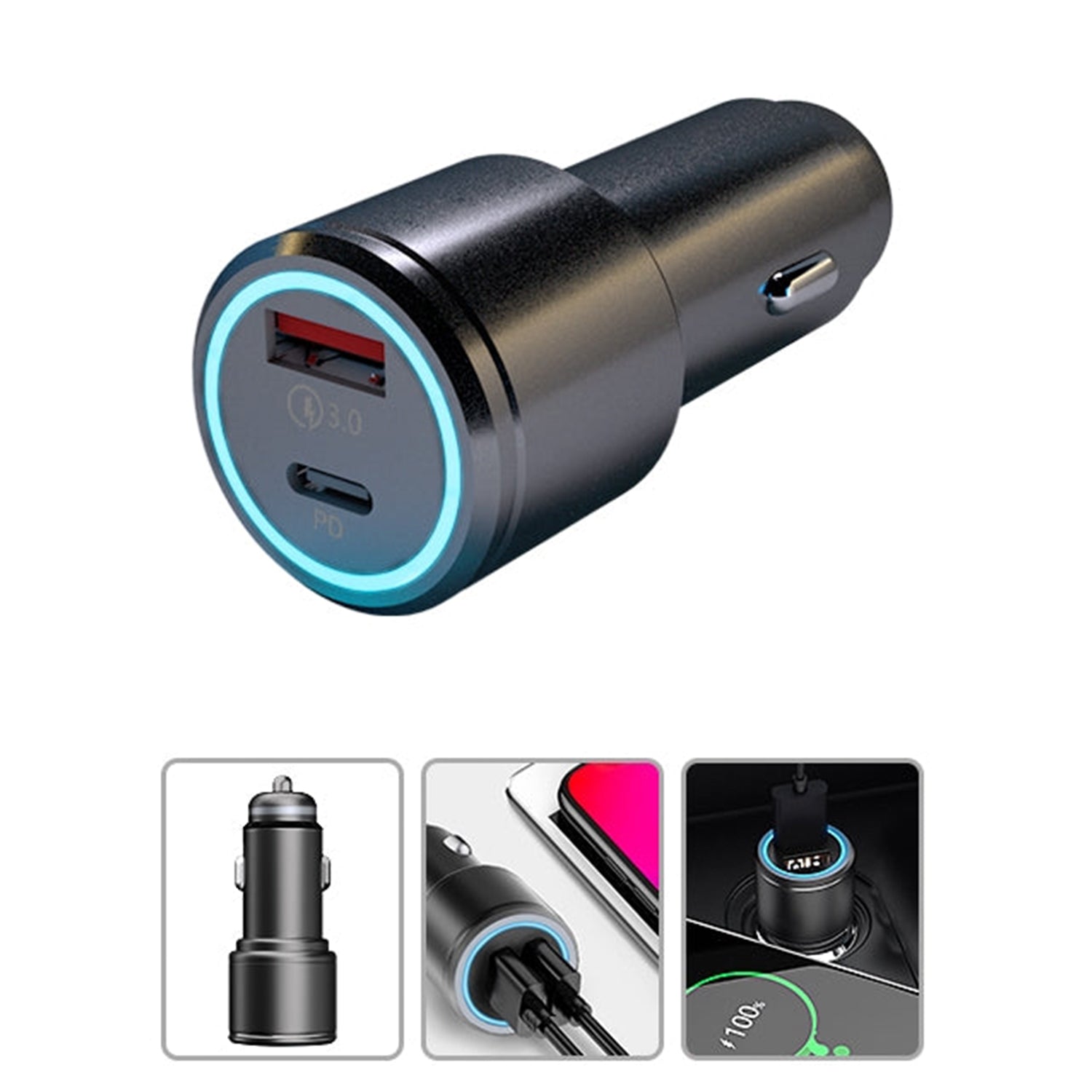 36W Dual Ports (USB3.0+ Type C) Car Adapter for iPhone 13/12/11 and Other Devices - Black