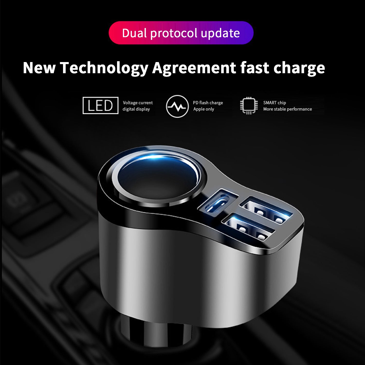 3 Ports (2USB 3.0+Type C ) Car Adapter with iGnition Port for iPhone 13/12/11 and other Devices - Black