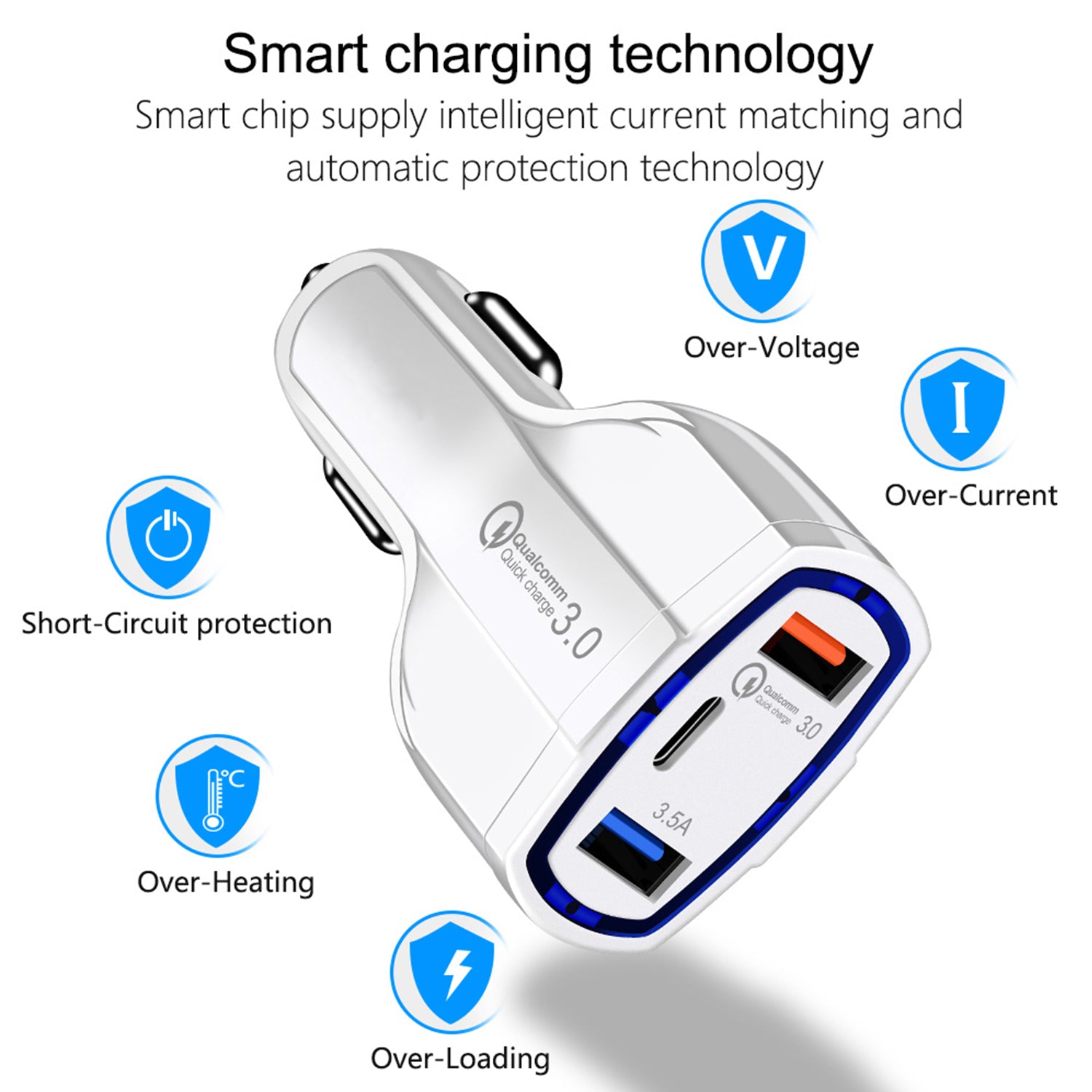 3 Ports (QC3.0+USB3.5+Type C) Car Adapter for iPhone 13/12/11 and Other Devices