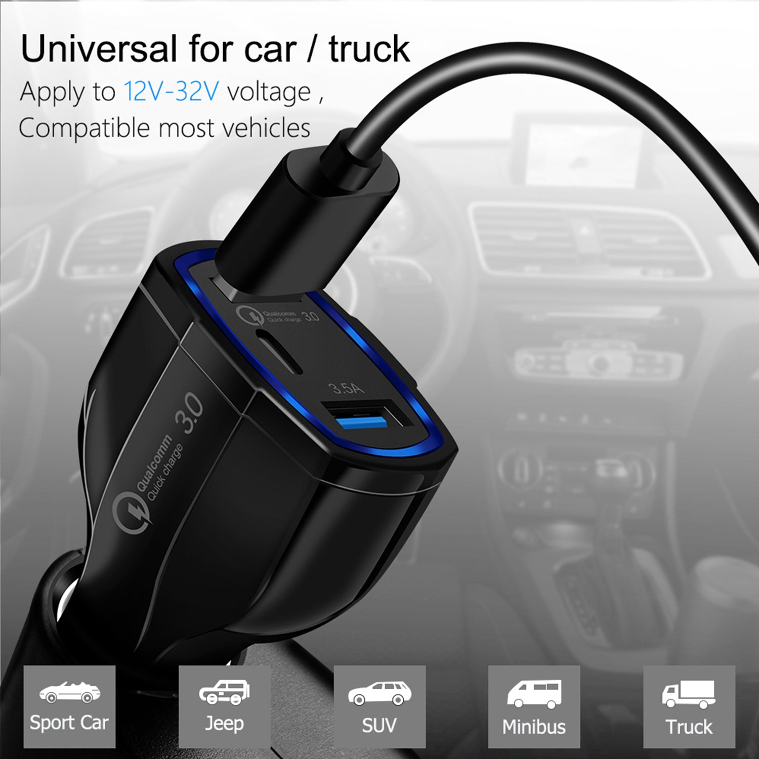 3 Ports (QC3.0+USB3.5+Type C) Car Adapter for iPhone 13/12/11 and Other Devices