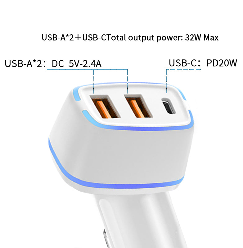 20W three-port (USB3.0 + Type-c) LED lights  automotive adapters-White