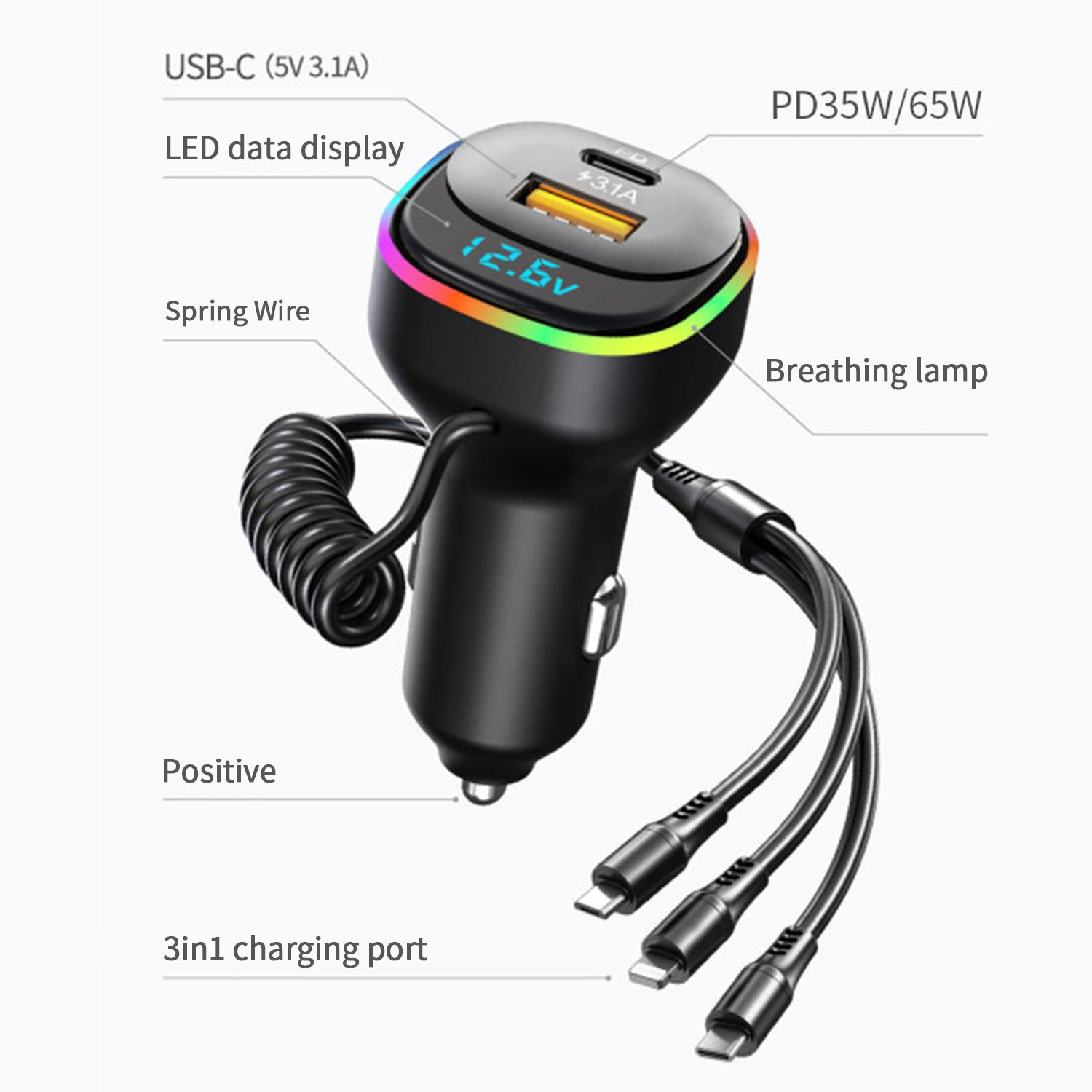 PD 65W+QC3.0 3in1 Charging line Multifunctional vehicle Fast Charging Adapter Compatible With iPhone 15 Series