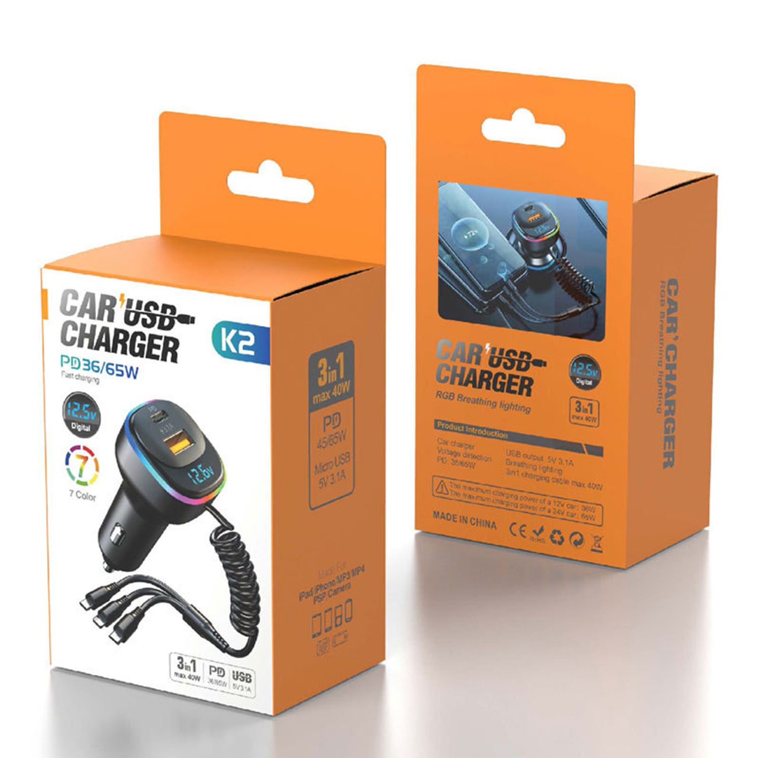 PD 65W+QC3.0 3in1 Charging line Multifunctional vehicle Fast Charging Adapter Compatible With iPhone 15 Series
