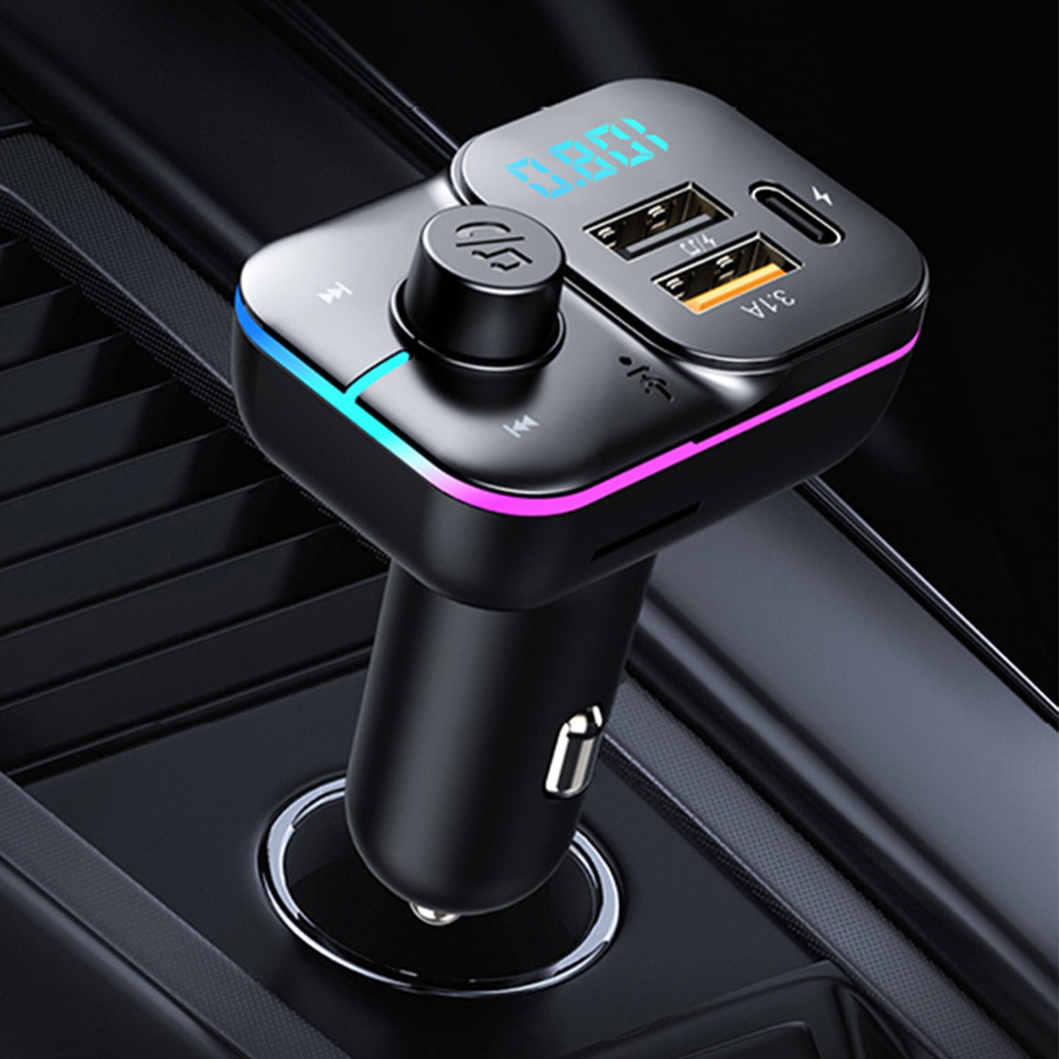 3 in1 Car charger，Bluetooth hands-free FM transmitter MP3 bluetooth player multifunction colorful charging