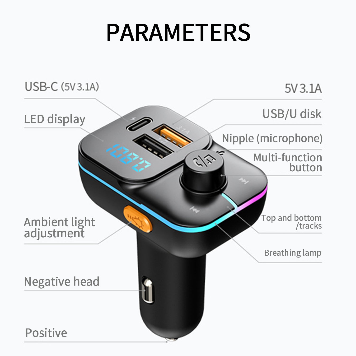 3 in1 Car charger，Bluetooth hands-free FM transmitter MP3 bluetooth player multifunction colorful charging