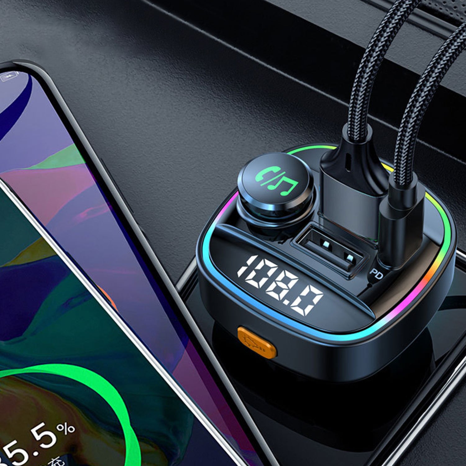 3 in1 Car charger, dual display voltage detection MP3 Bluetooth player multi-function color charging