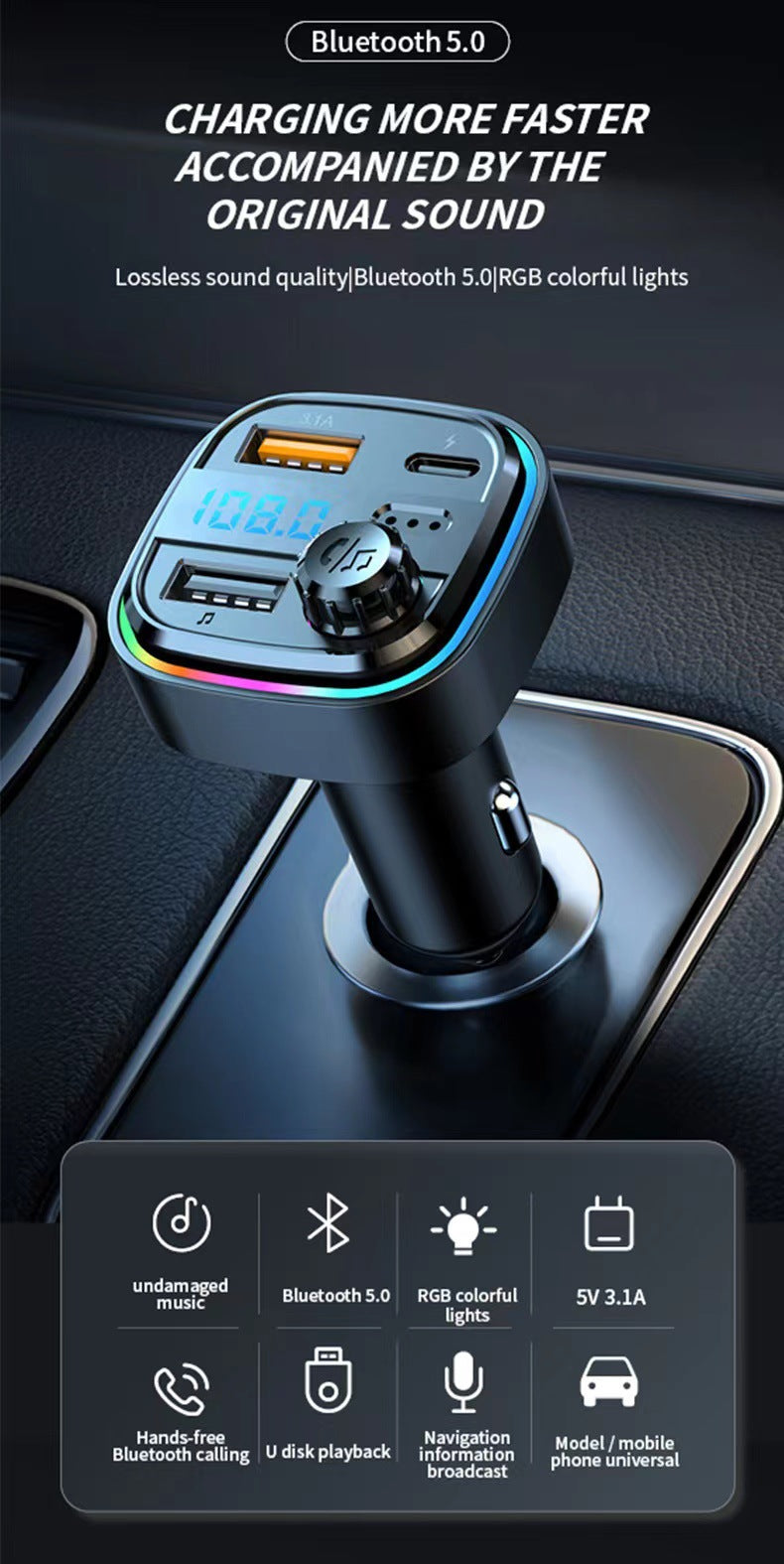 20W Bluetooth MP3 Player Hands-Free Call FM Transmitter, Car Fast Charging Adapter Compatible With iPhone 15 Series-Black